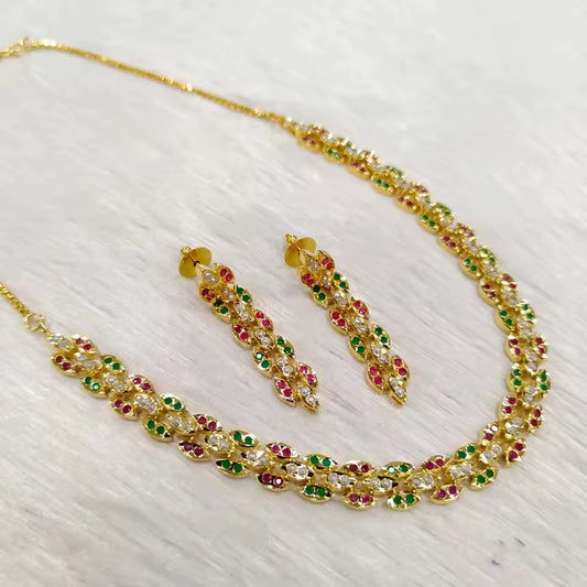 Radiant Indian AD Necklace Earrings Combo Classic Style Sparkling Brass Jewellery Set for Weddings Festive Occasions-for Women